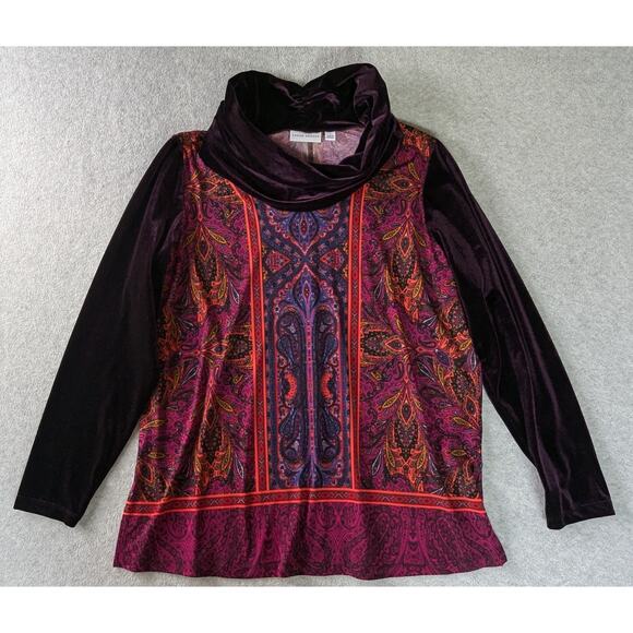 Susan Graver Tops - SUSAN GRAVER Top Large Velvet Drapey Turtleneck Sleeves Paisley Block Print